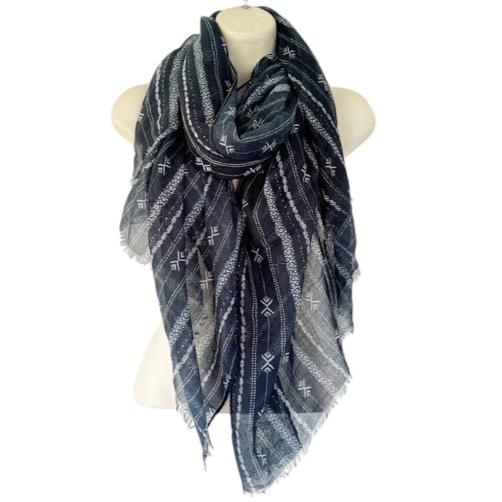 Navy blue white abstract tribal print lightweight semi-sheer scarf one size